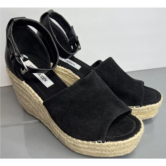 Steven Madden Jyia Platform Espradille Black Suede Wedges Displays Sz 9.5M NWOB - Picture 1 of 10